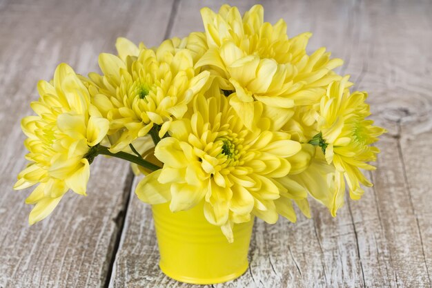 Chrysanthème en fleurs dans un seau sur une vieille planche de bois