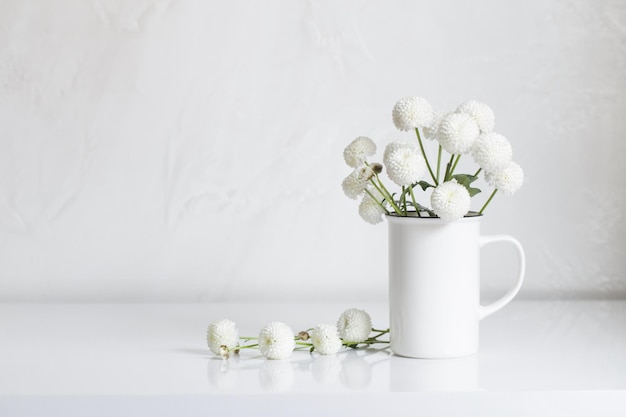 Chrysanthèmes blancs en coupe vintage sur fond blanc