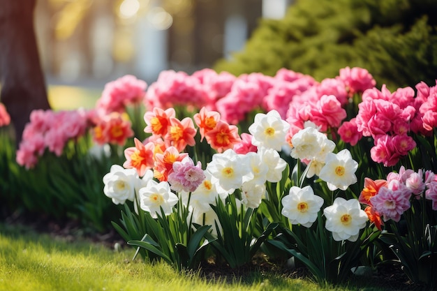 Les chuchotements des narcisse du printemps au soleil doux au milieu des lames vertes AI générative