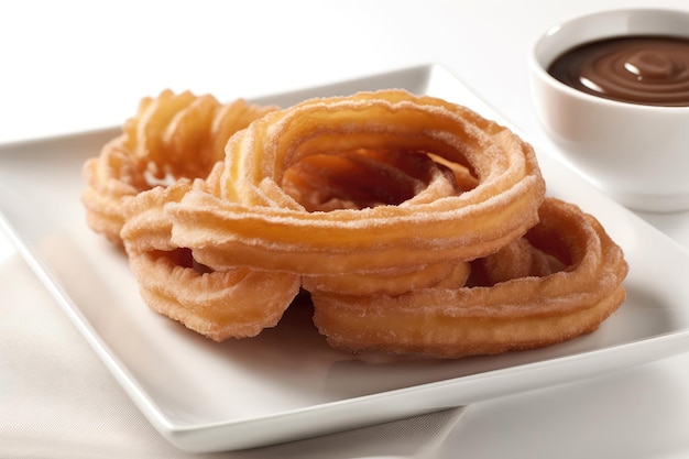 Churros sur assiette blanche sur fond blanc plat espagnol IA générative