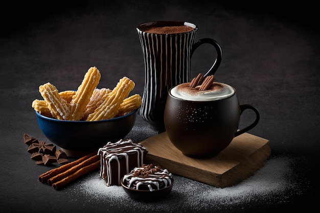 Churros et chocolat chaud sur fond noir AI générative