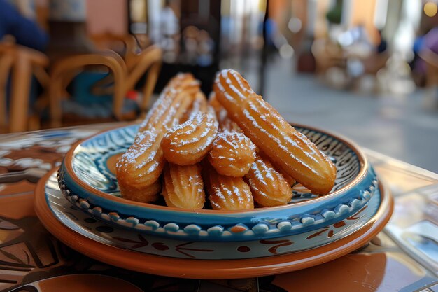 Photo churros dans une assiette en céramique sur une table en bois rustique