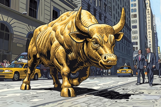 Chute du marché de l'ours et du taureau et hausse de la crypto-monnaie Brokerage boursier Bitcoin finance et investissement Sculpture de la confrontation entre un ours et un taureau dans une stratégie de trading crypto