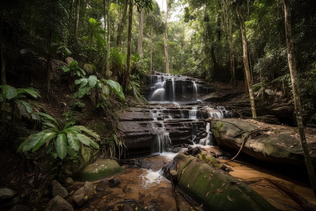 Chute d'eau amazonienne en cascade sur le sol de la forêt créée avec une IA générative