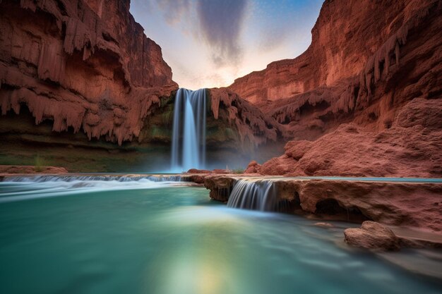 Photo chute d'eau au milieu d'un canyon avec une lumière brillante venant du haut génératif ai