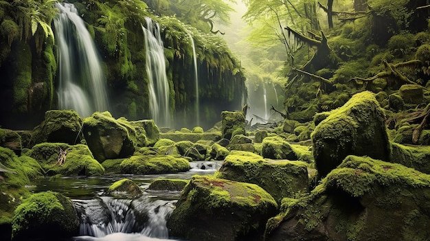 Chute d'eau en cascade dans une forêt verte IA générative