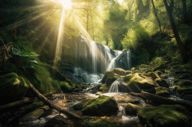 Chute d'eau cristalline qui traverse une forêt luxuriante avec des rayons de soleil qui brillent à travers les arbres