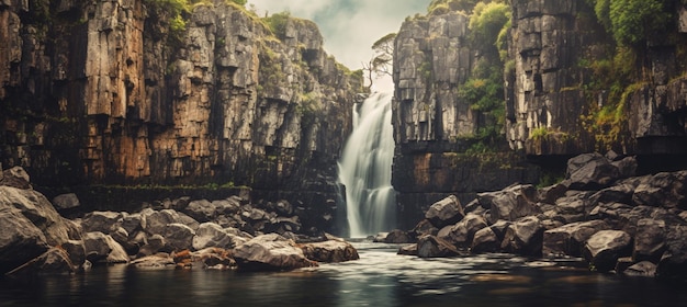 Une chute d'eau dans un canyon avec un fond vert