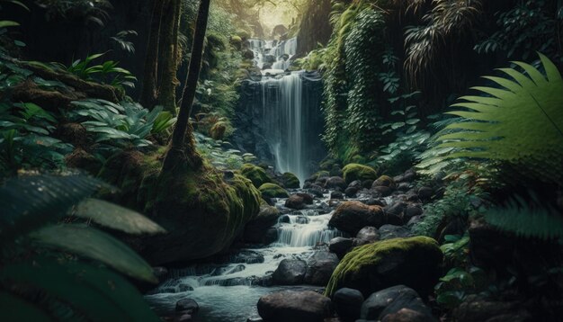 Une chute d'eau dans une forêt avec des arbres verts et de la mousse.