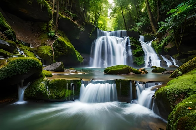 Une chute d'eau dans la forêt avec un fond d'écran de roche moussue verte