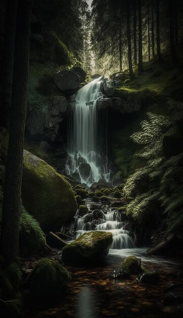 Une chute d'eau dans une forêt avec la lune derrière elle.