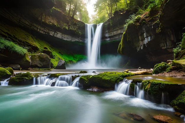 Une chute d'eau dans une forêt avec de la mousse verte et des arbres