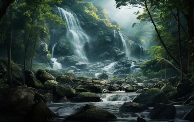 Chute d'eau dans une forêt profonde sur une montagne