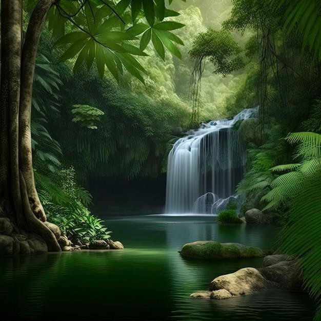 Une chute d'eau dans une forêt tropicale avec un fond vert.