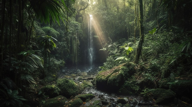 Une chute d'eau dans la jungle avec le soleil qui brille à travers les arbres