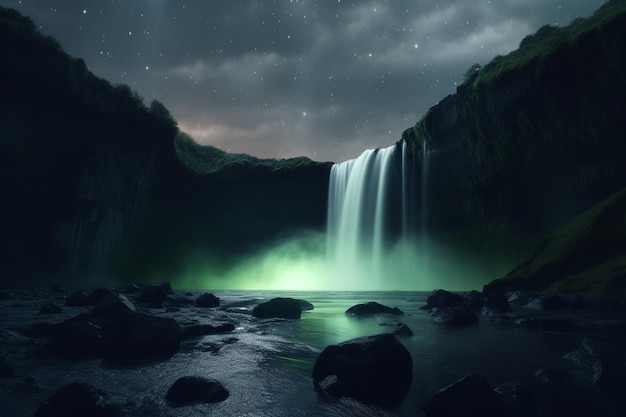 Une chute d'eau dans la nuit avec un feu vert dessus