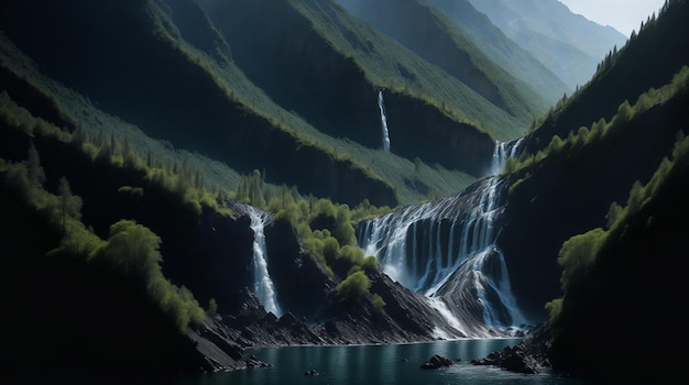 Une chute d'eau dans un paysage de montagne avec une montagne en arrière-plan