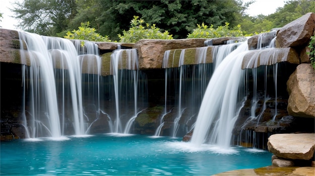Une chute d'eau dans une piscine avec une piscine bleue et des arbres en arrière-plan.