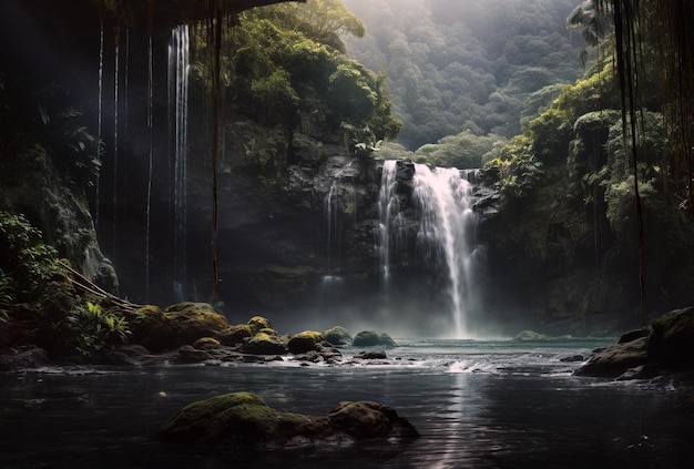 Photo une chute d'eau dans une sombre forêt tropicale