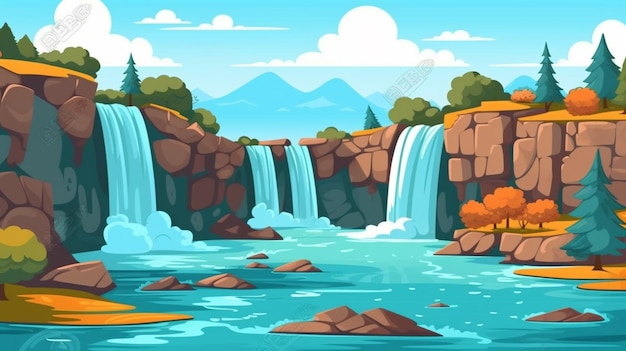 Une chute d'eau de dessin animé avec des arbres et des rochers au milieu de l'ai générative