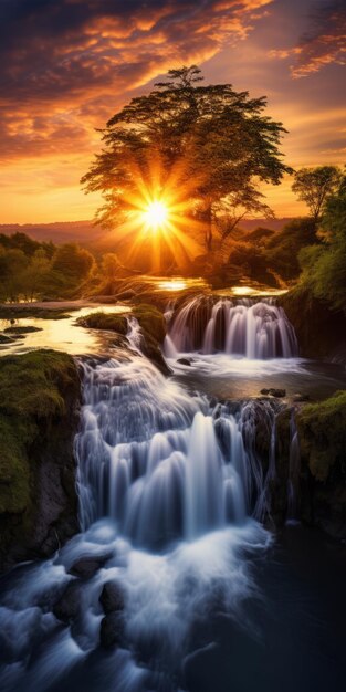 La chute d'eau du coucher de soleil sereine dans le style traditionnel du paysage britannique