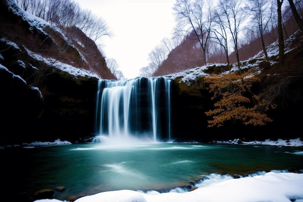 Une chute d'eau en hiver avec de la neige au sol