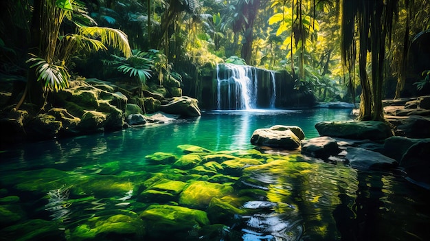 Une chute d'eau isolée dans une forêt tropicale. L'eau tombe en cascade dans une piscine cristalline.