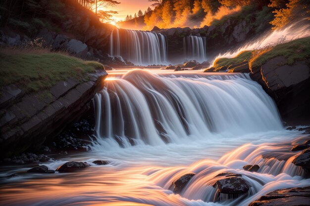 une chute d'eau majestueuse au coucher du soleil