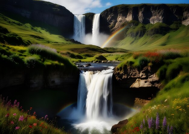 Une chute d'eau majestueuse descendant en cascade d'une falaise rocheuse entourée d'une verdure luxuriante et d'un arc-en-ciel sauvage