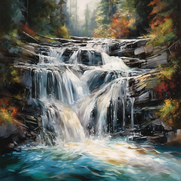 chute d'eau précipitée avec des détails à l'aquarelle évoquant le calme et la beauté de la nature
