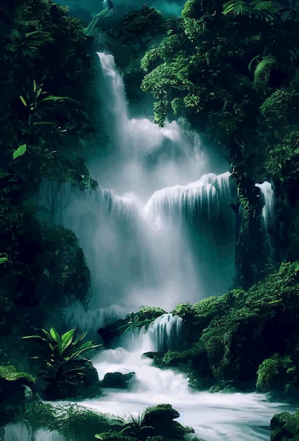 Chute d'eau qui coule d'un ruisseau et illustration de falaises accidentées