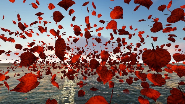 Chute des feuilles rouges au coucher du soleil près du rendu water3D