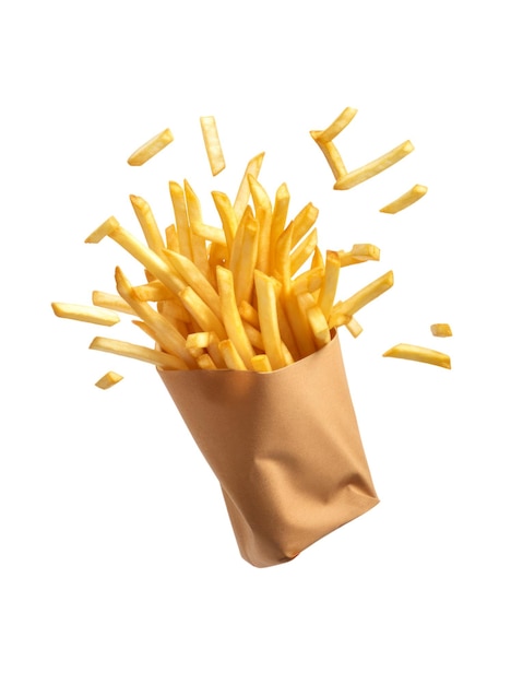 Chute de frites de pommes de terre frites dans un emballage artisanal isolé sur fond blanc AI générative