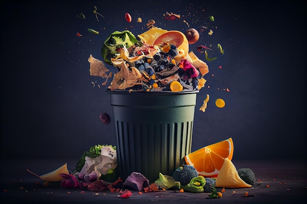Chute de fruits et légumes dans une poubelle sur fond sombre ai générative