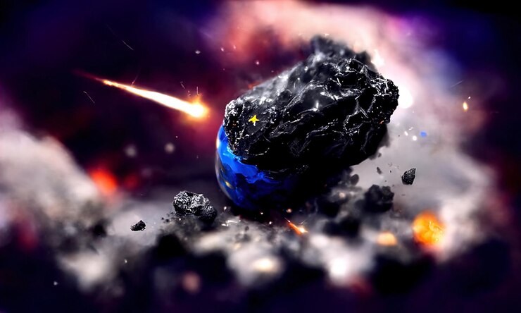 Chute d'une grande météorite sur la planète Blast vague de big bang de la collision d'une météorite Météorite Explosion d'étincelles et de feu Fond de galaxie noire rendu 3d