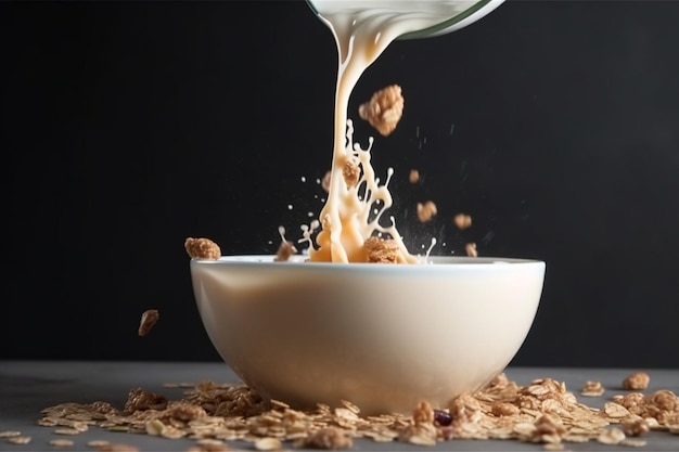 Chute de granola avec des éclaboussures de lait dans un bol Ingrédients sains pour le petit-déjeuner Nourriture volante