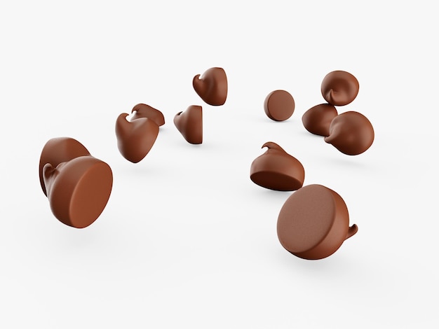 Chute de pépites de chocolat isolées sur une illustration 3d blanche