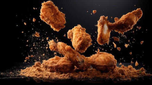 Chute de poulet frit isolé sur fond noir