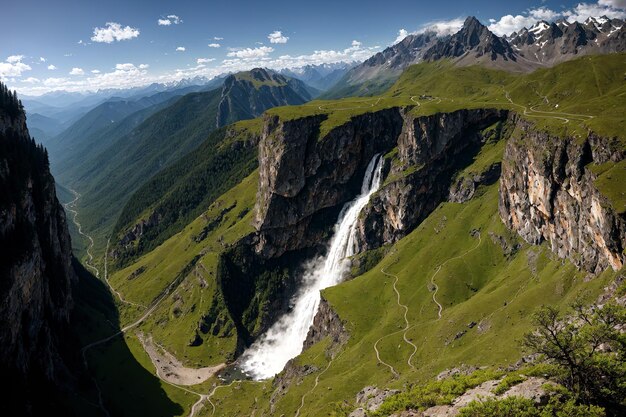 Photo des chutes d'eau au milieu d'une vallée verte