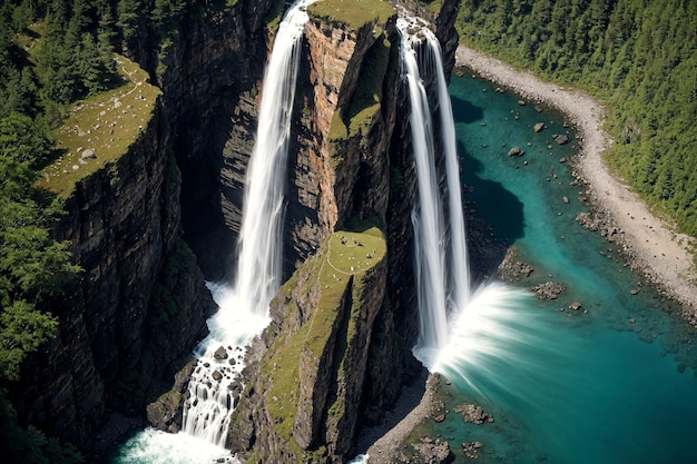 Photo des chutes d'eau au milieu d'une vallée verte