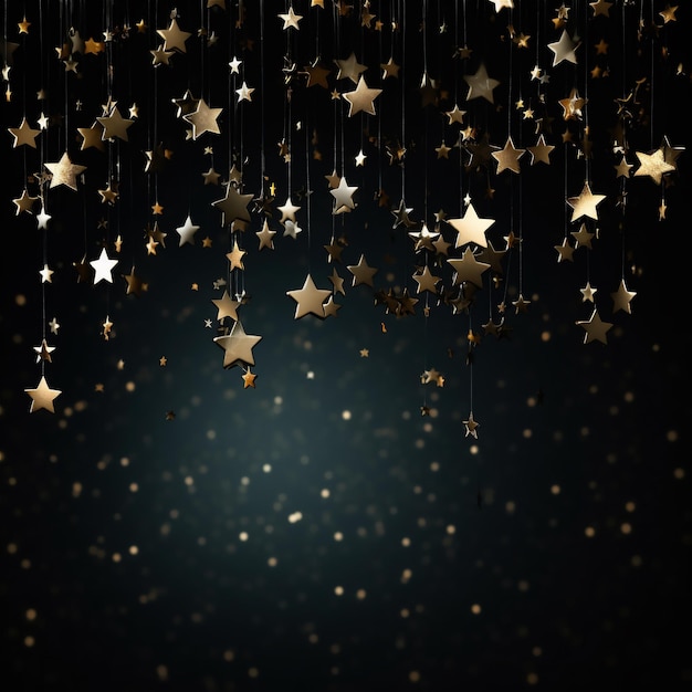 Photo des chutes d'eau d'or brillantes particules étincelantes des étoiles sur un fond noir bonne année concept de vacances