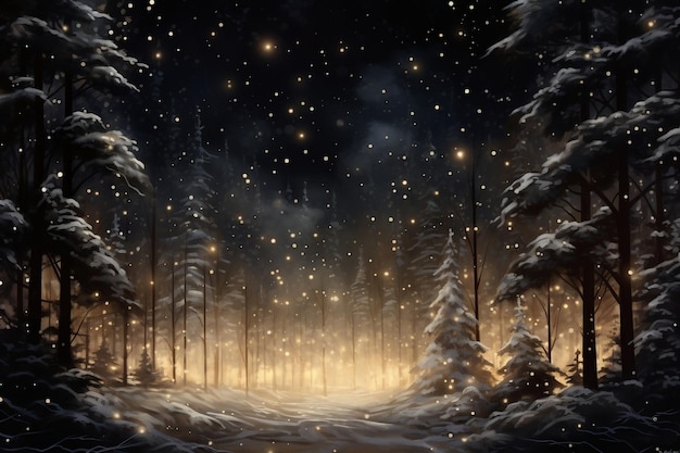 Chutes de neige dans une forêt sombre et enneigée la nuit avec une IA générative à illumination douce