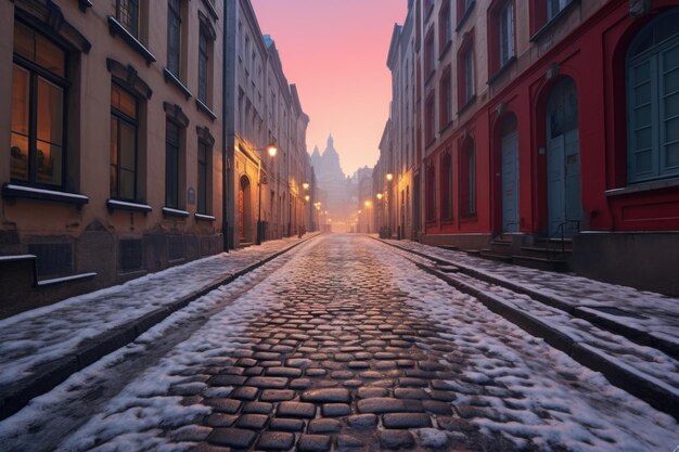 Photo chutes de neige fraîches sur une rue pavée vide à l'aube créées avec une ia générative