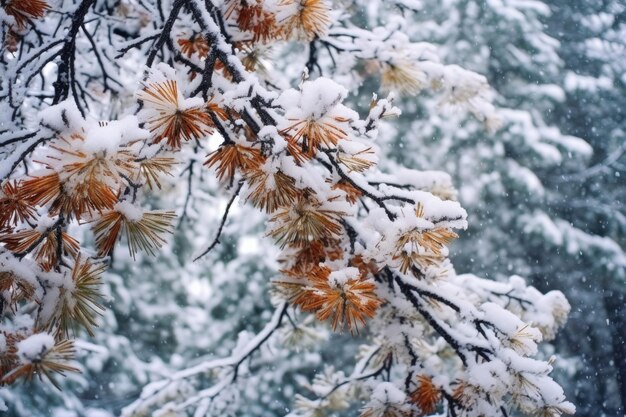 Chutes de neige s'accumulant doucement sur les branches de pins créées avec l'IA générative