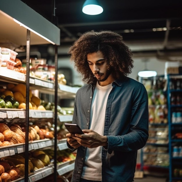 ci-dessous portrait d'un travailleur masculin ethnique sérieux avec de longs cheveux bouclés en vêtements décontractés debout