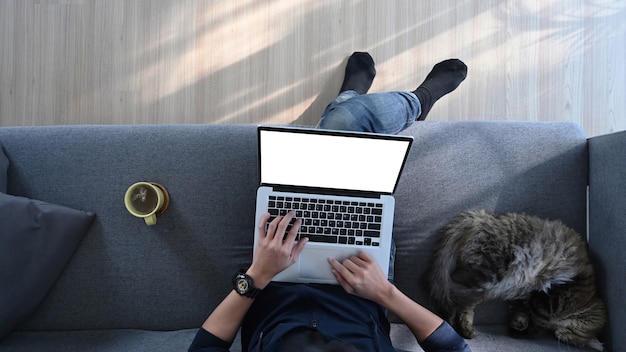 Ci-dessus, photo d'un jeune homme travaillant sur un ordinateur portable alors qu'il était assis sur un canapé confortable avec son chat.