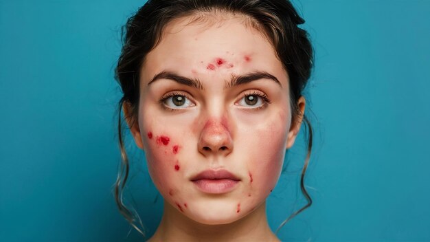 Photo des cicatrices d'acné et des boutons rouges sur le visage d'une jeune femme