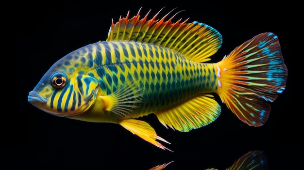 Cichlides de paon exotiques dans un environnement bleu et jaune vibrant