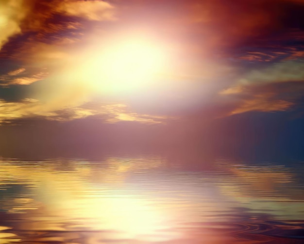 Ciel au coucher du soleil avec des reflets dans l'eau de la lumière du soleil et des nuages orange colorés