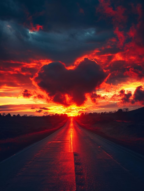 Un ciel au coucher de soleil en forme de cœur avec un paysage magnifique comprenant un chemin et des nuages créant une toile de fond romantique pour l'amour